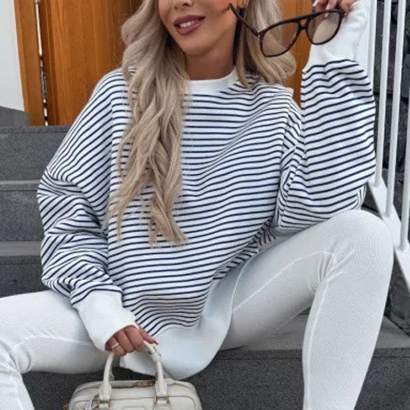 Striped Long Sleeve Sweatshirts with Side Slit Design