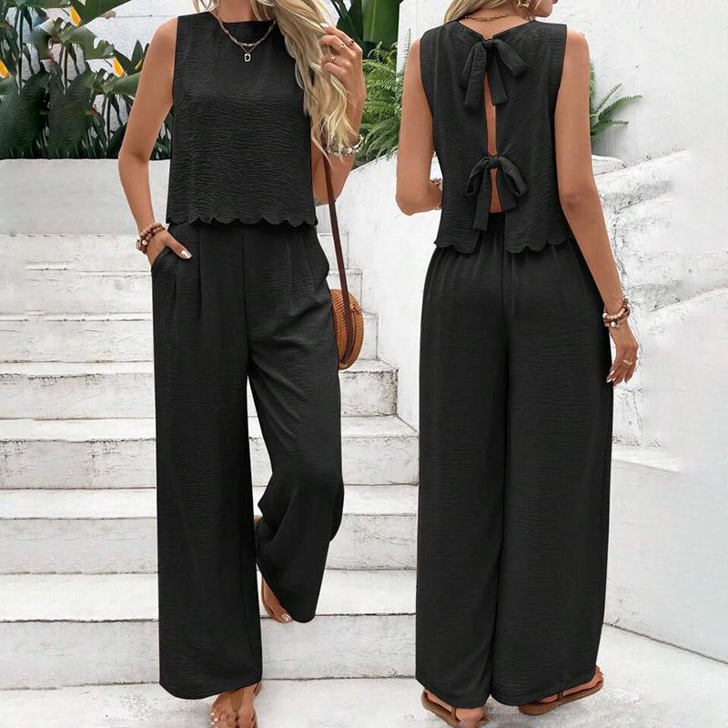 Womens Two Piece Set With Tie Back Top And Wide Leg Pants