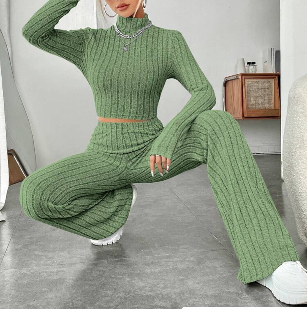 Two Piece Set Turtleneck Top Wide Leg High Waist Pants