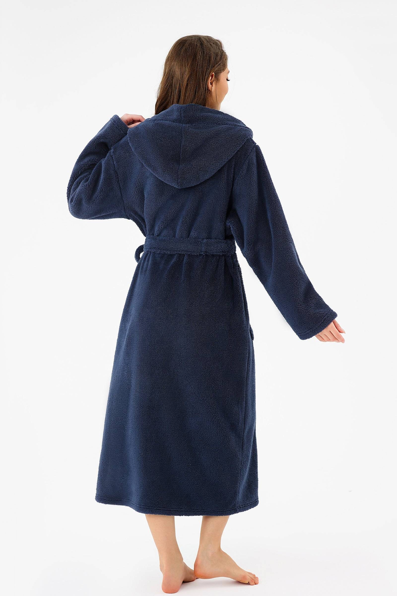 Womens Robe Long Hooded Plush Fleece Bathrobe with Pockets