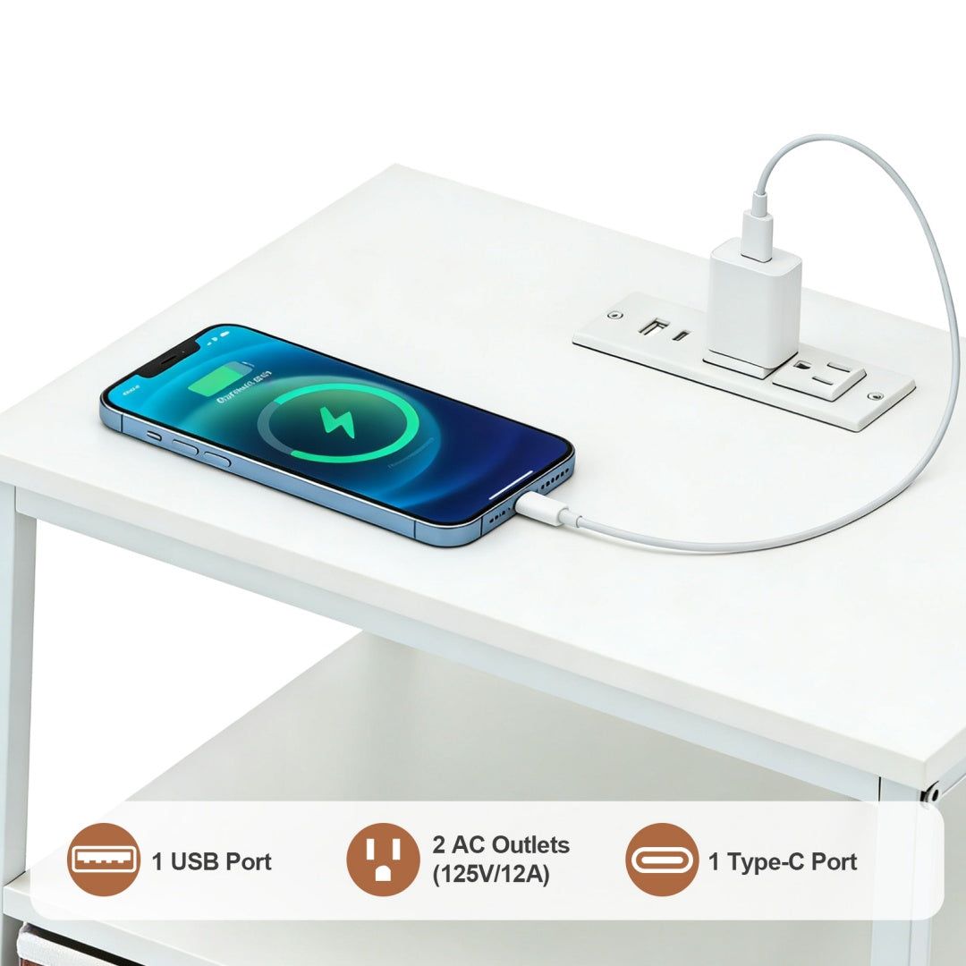 White Bedside Table With Charging Station And Storage