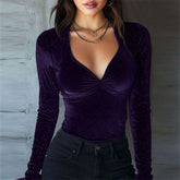 Blouse Velvet V Neck Long Sleeve Sequin Elegant Solid Top