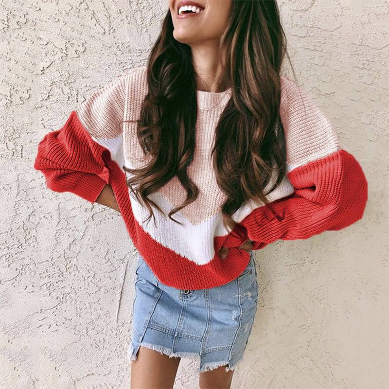 Tricolor Patchwork Knit Sweater Bat Sleeve Pullover