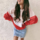 Tricolor Patchwork Knit Sweater Bat Sleeve Pullover