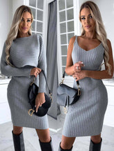 Two Piece Set Long Sleeve Top and Suspender Midi Skirt