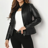 Stand Collar Faux Leather Blazer with Modern Zipper Style