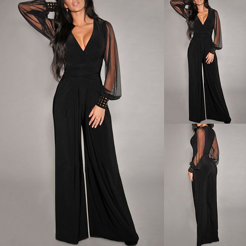 Mesh V Neck Jumpsuit with Wide Leg Silhouette