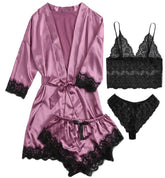 Womens Satin Pyjamas Four Piece Loungewear Sleep Set