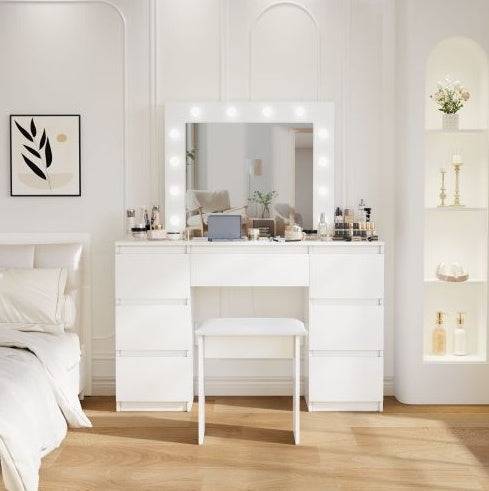 Large White Vanity Desk with Mirror LED