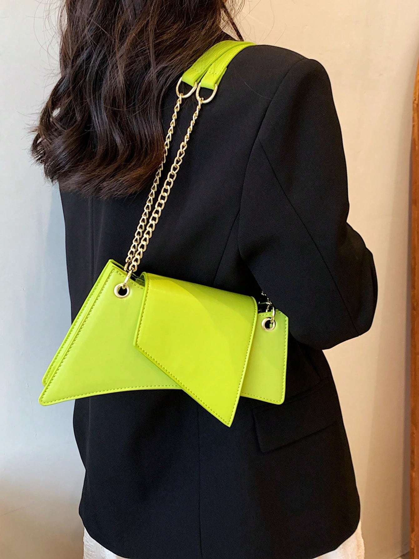 Neon Green Tote Bag PU Leather Chain Stone Pattern Purse