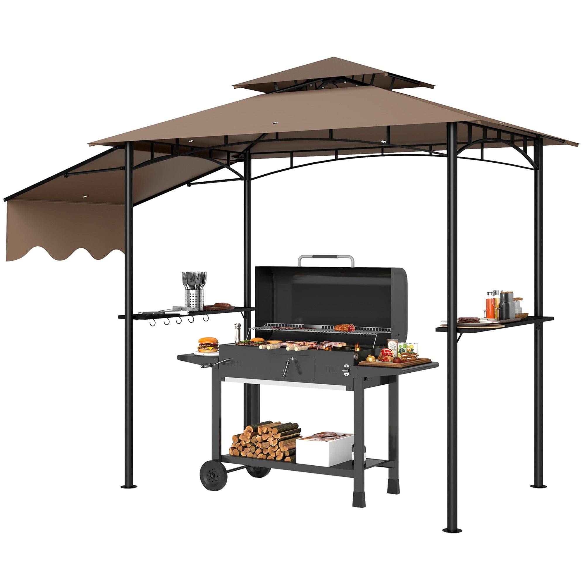 Outdoor Grill Gazebo With Double Roof And Side Shelves