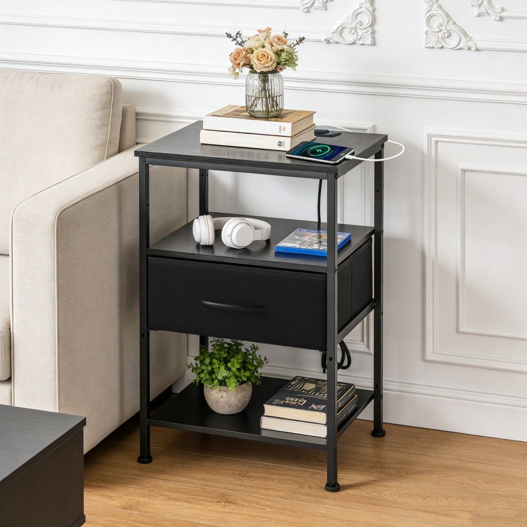 Bedside Table with Charging Station and Adjustable Shelves