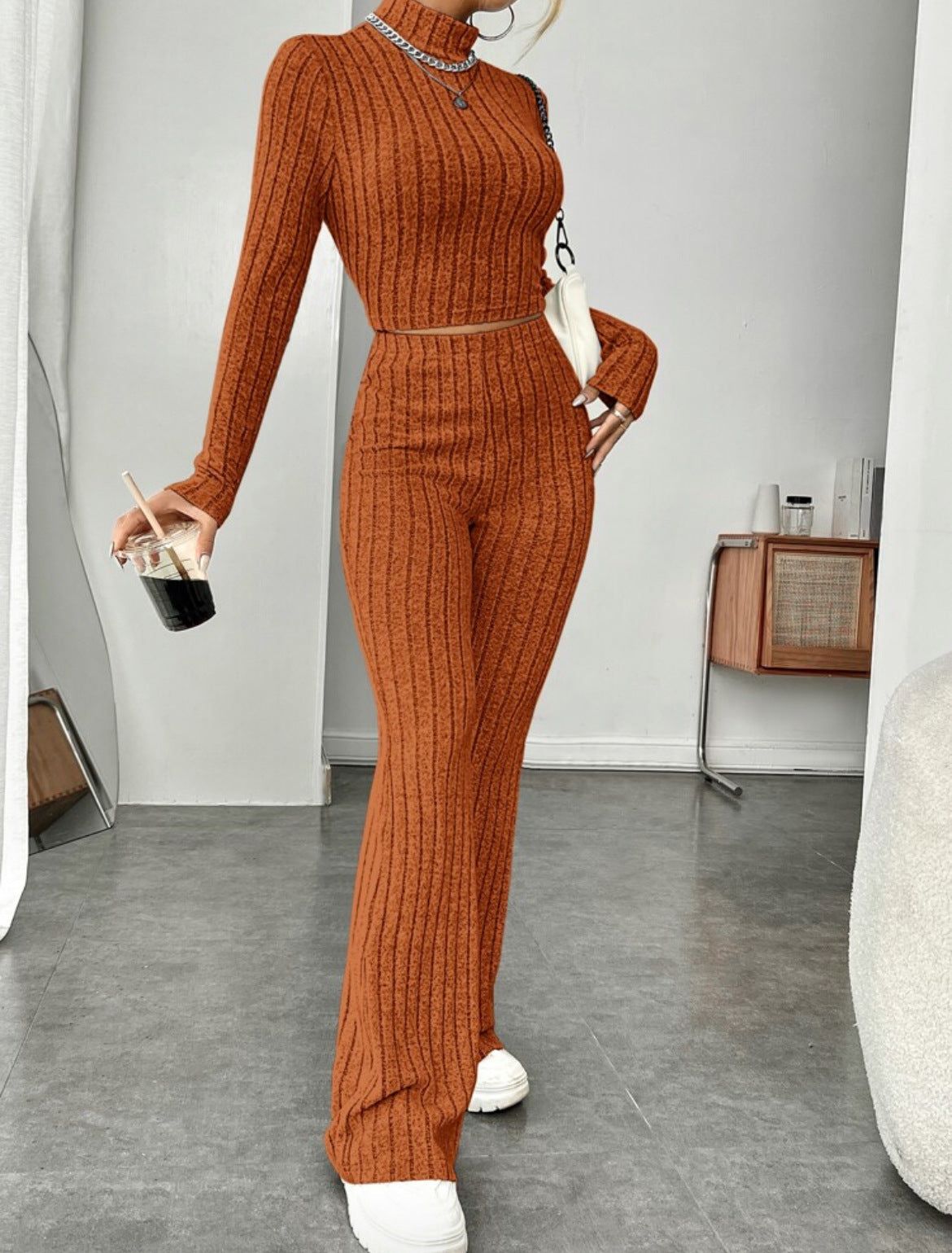 Two Piece Set Turtleneck Top Wide Leg High Waist Pants