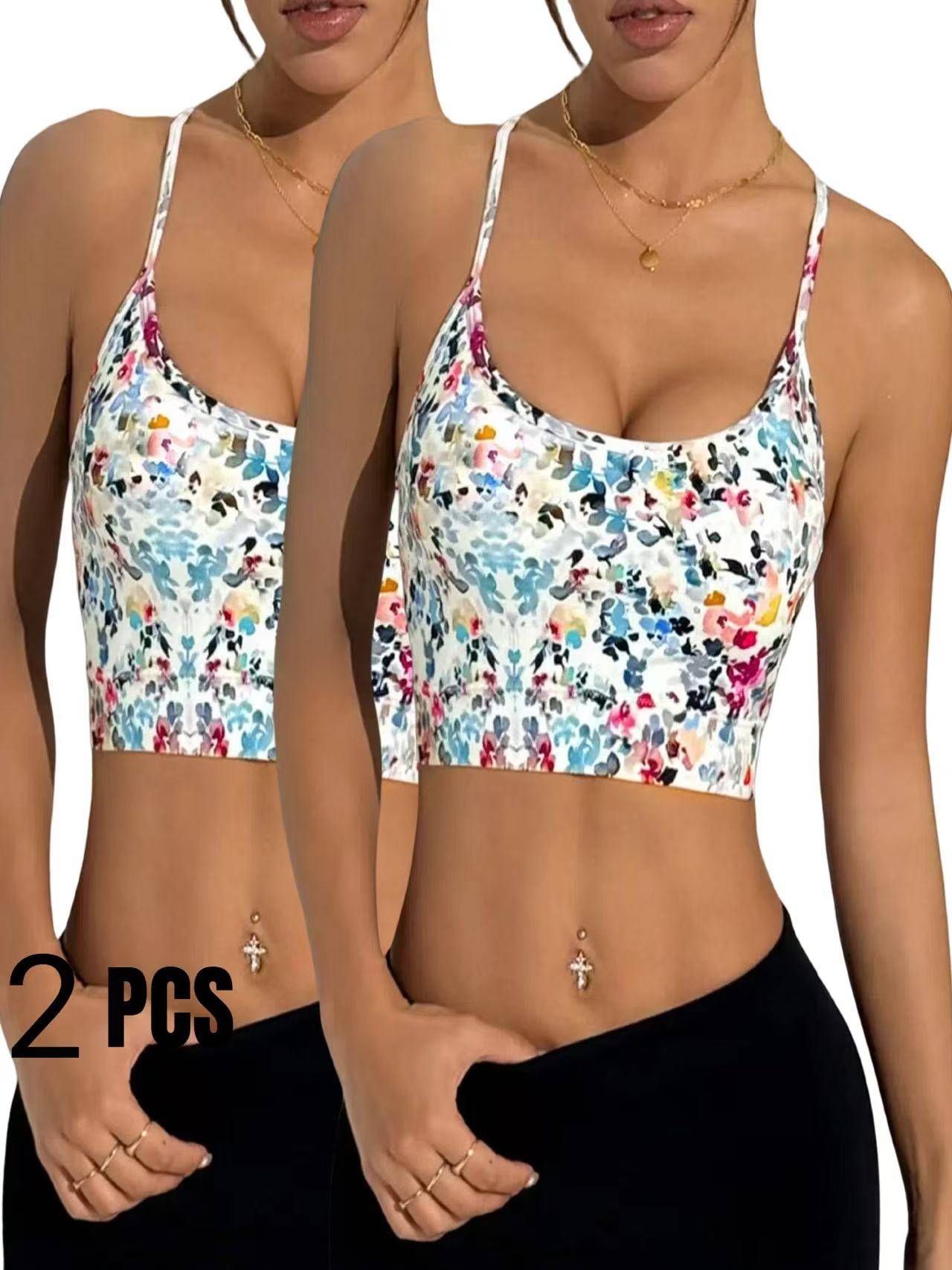 2 Pack Floral Print Sports Bras Cross Back