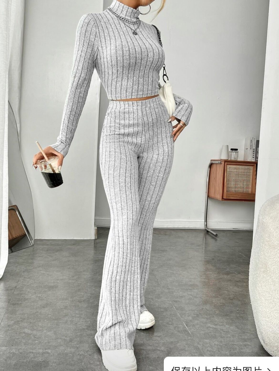 Two Piece Set Turtleneck Top Wide Leg High Waist Pants
