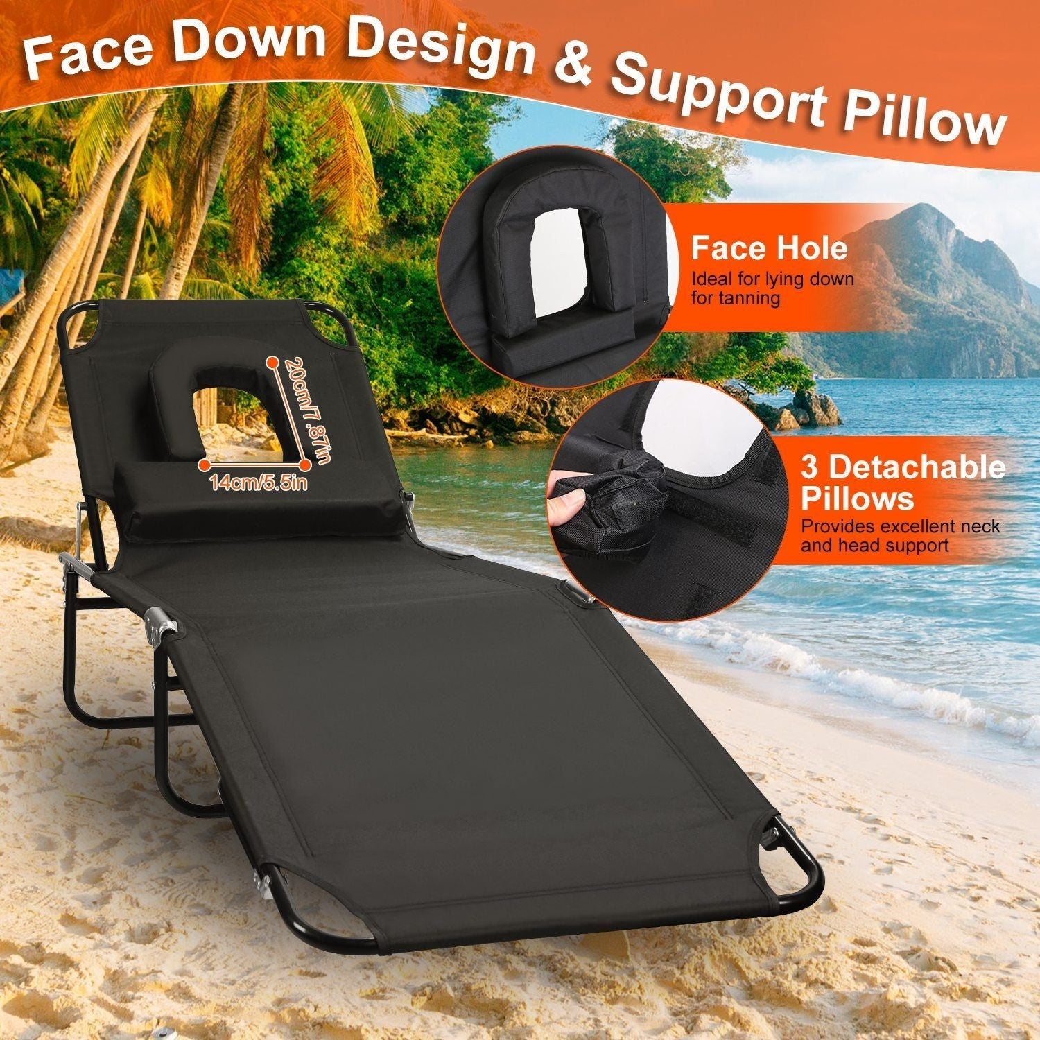 Folding Beach Lounge Chair with Face Hole 5-Position Adjustable Recliner 3 Removable Pillows 265 lbs Max Load