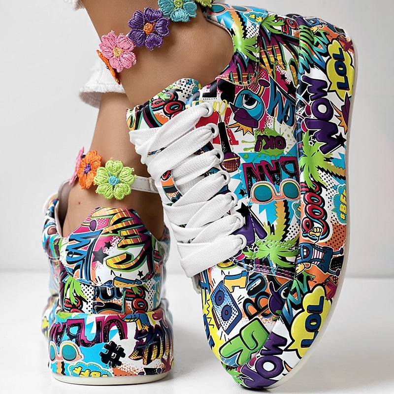 Geometric Print Sneakers With Lace Up Style And Thick Sole