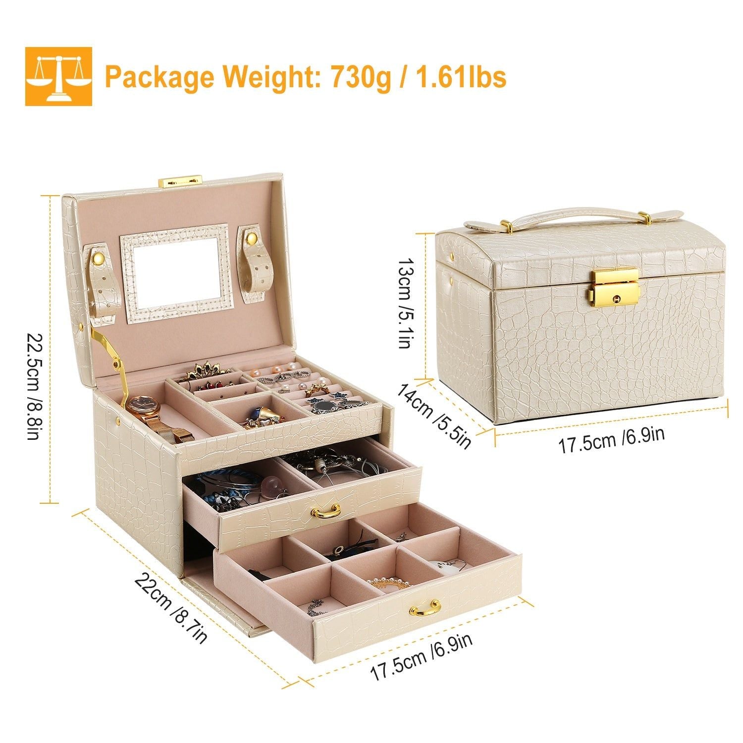 3 Layer Lockable Jewelry Box Organizer with Mirror
