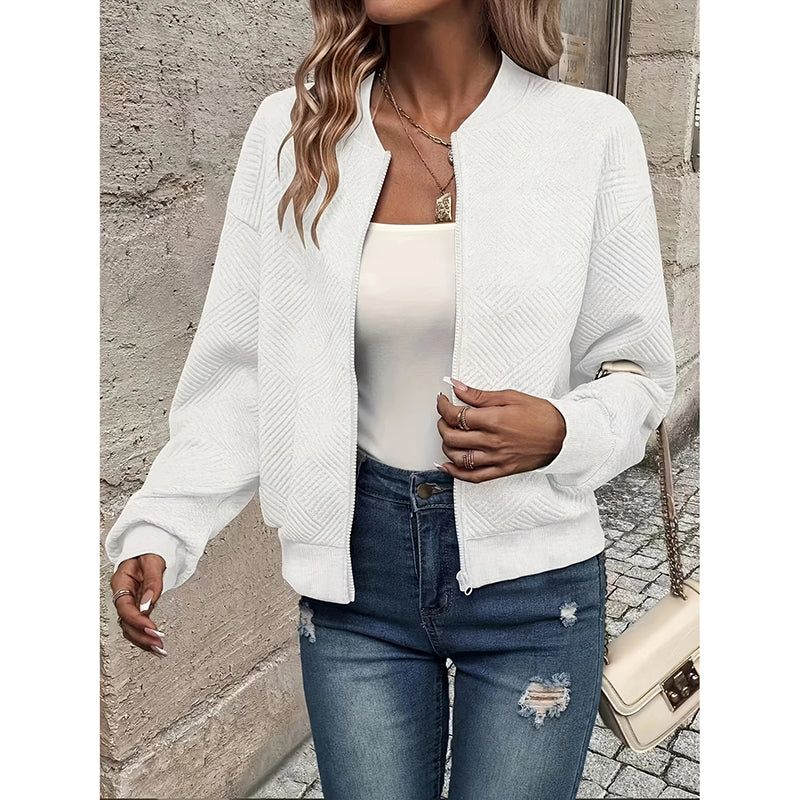 Womens Bomber Jacket With Stand Collar And Zip Closure