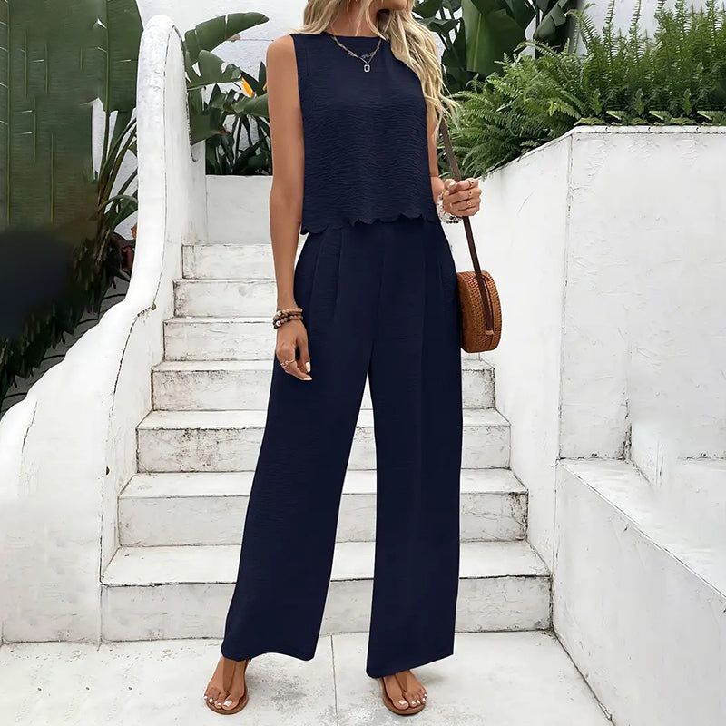 Womens Two Piece Set With Tie Back Top And Wide Leg Pants