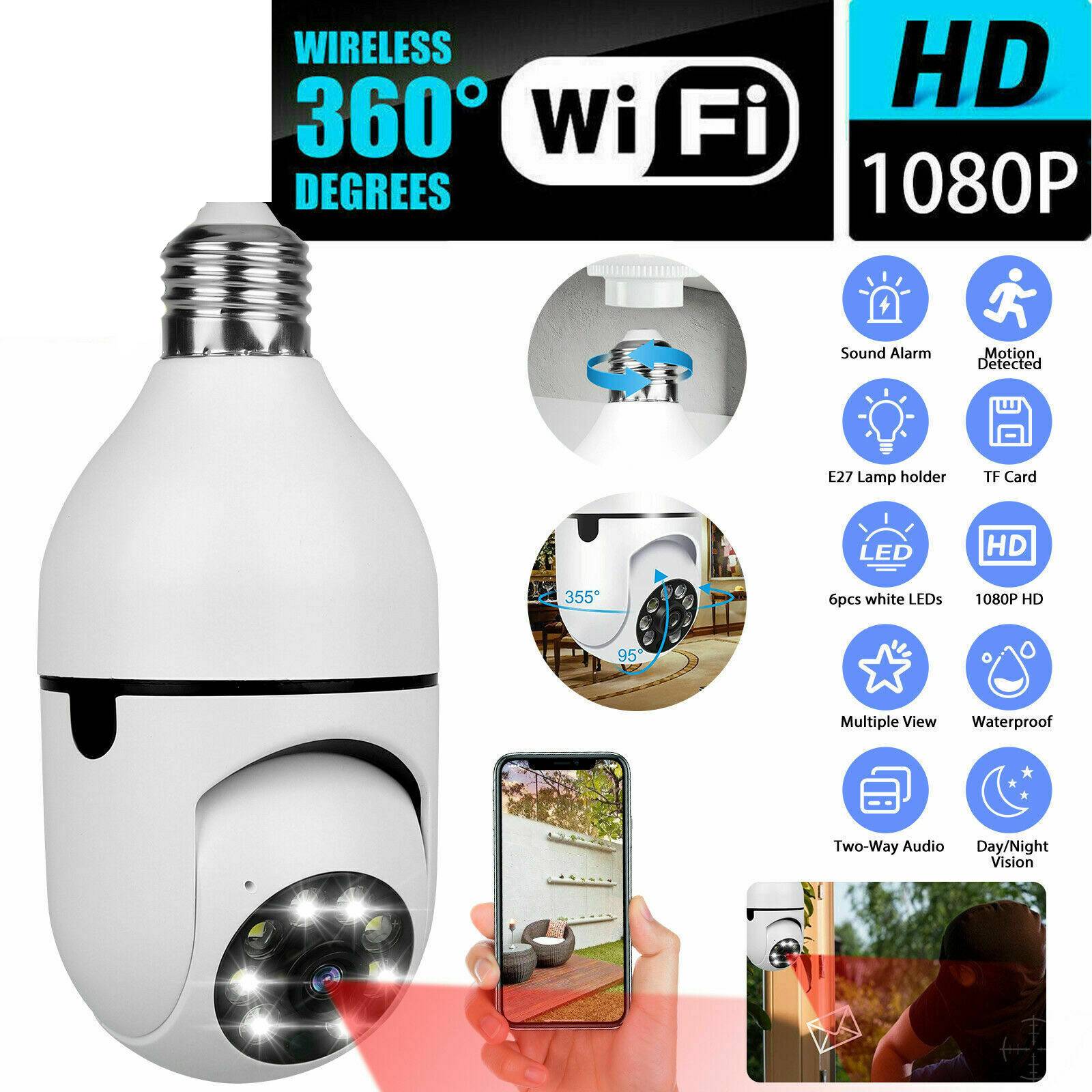 Security Camera 1080P WiFi E27 Light Bulb Night Vision