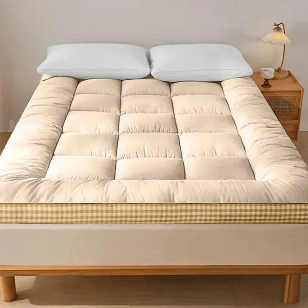 Full Size Mattress with Beige Finish and Checkered Edges