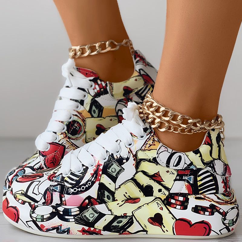 Casual Lace Up Sneakers with Thick Sole and Print Design