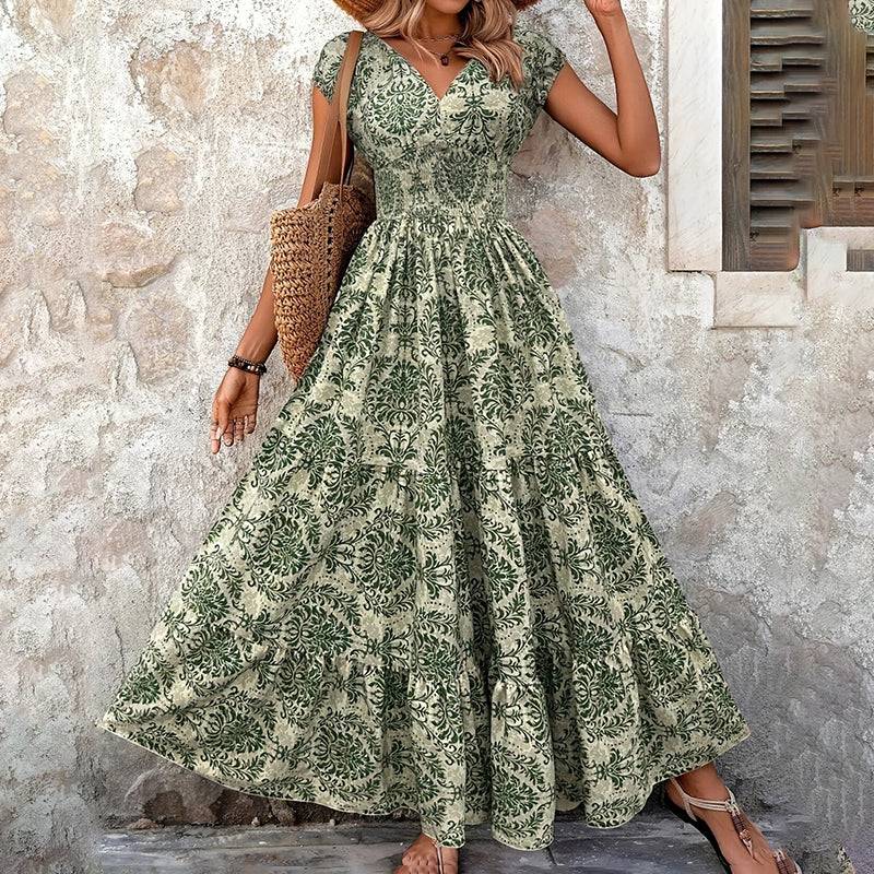 V Neck Maxi Dress Short Sleeve Flowy Summer Style