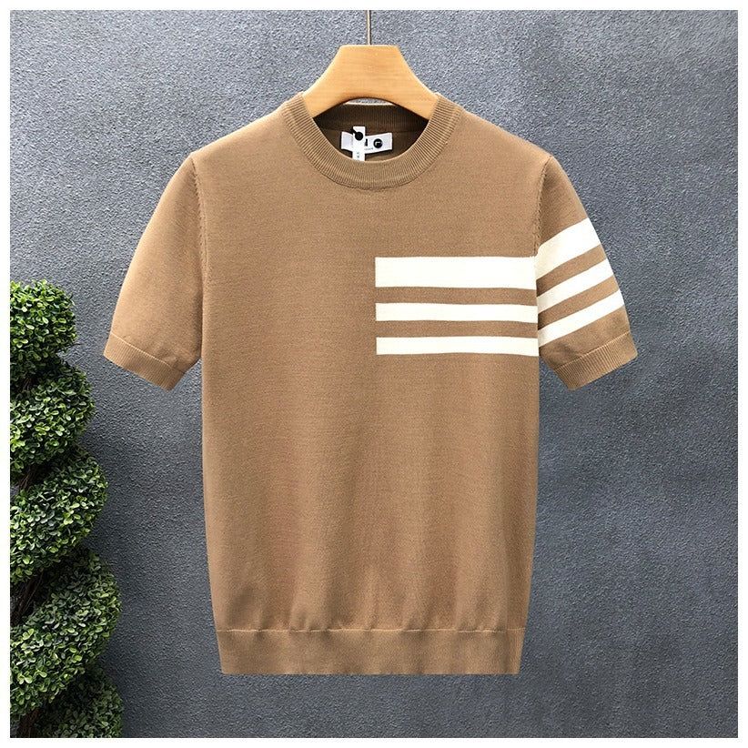 Men Round Neck Striped Shirt Loose Fit Cotton Blend Tee