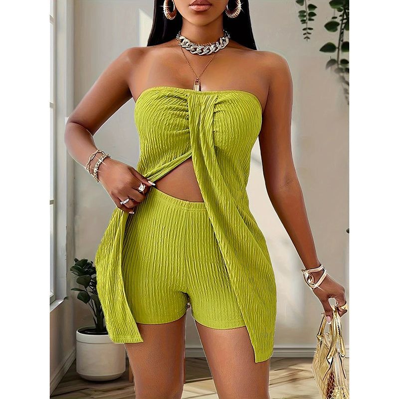 Two Piece Set Strapless Tube Top and High Waist Shorts