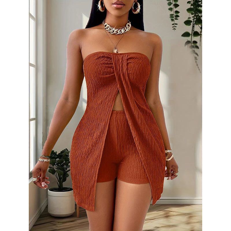 Two Piece Set Strapless Tube Top and High Waist Shorts