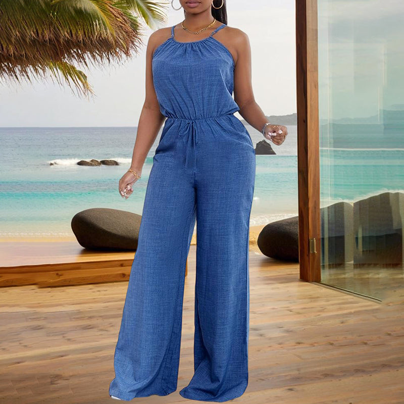 Sleeveless Wide Leg Jumpsuit With Drawstring Waist