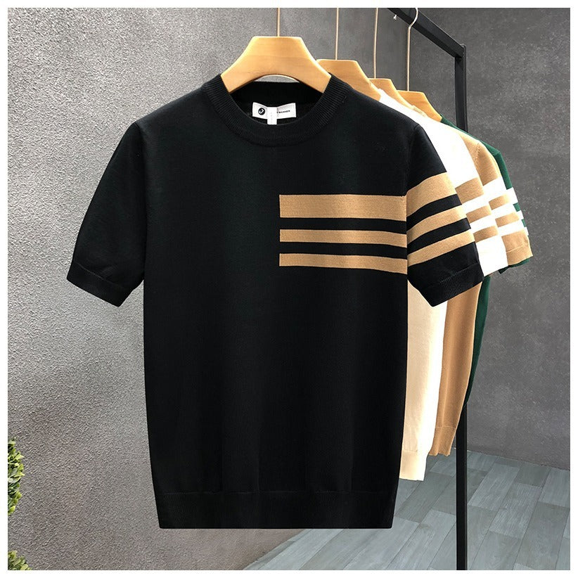 Men Round Neck Striped Shirt Loose Fit Cotton Blend Tee