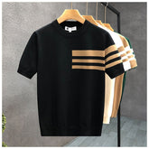 Men Round Neck Striped Shirt Loose Fit Cotton Blend Tee