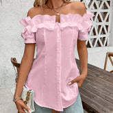 Off Shoulder Ruffled Blouse Button Down Waist Top