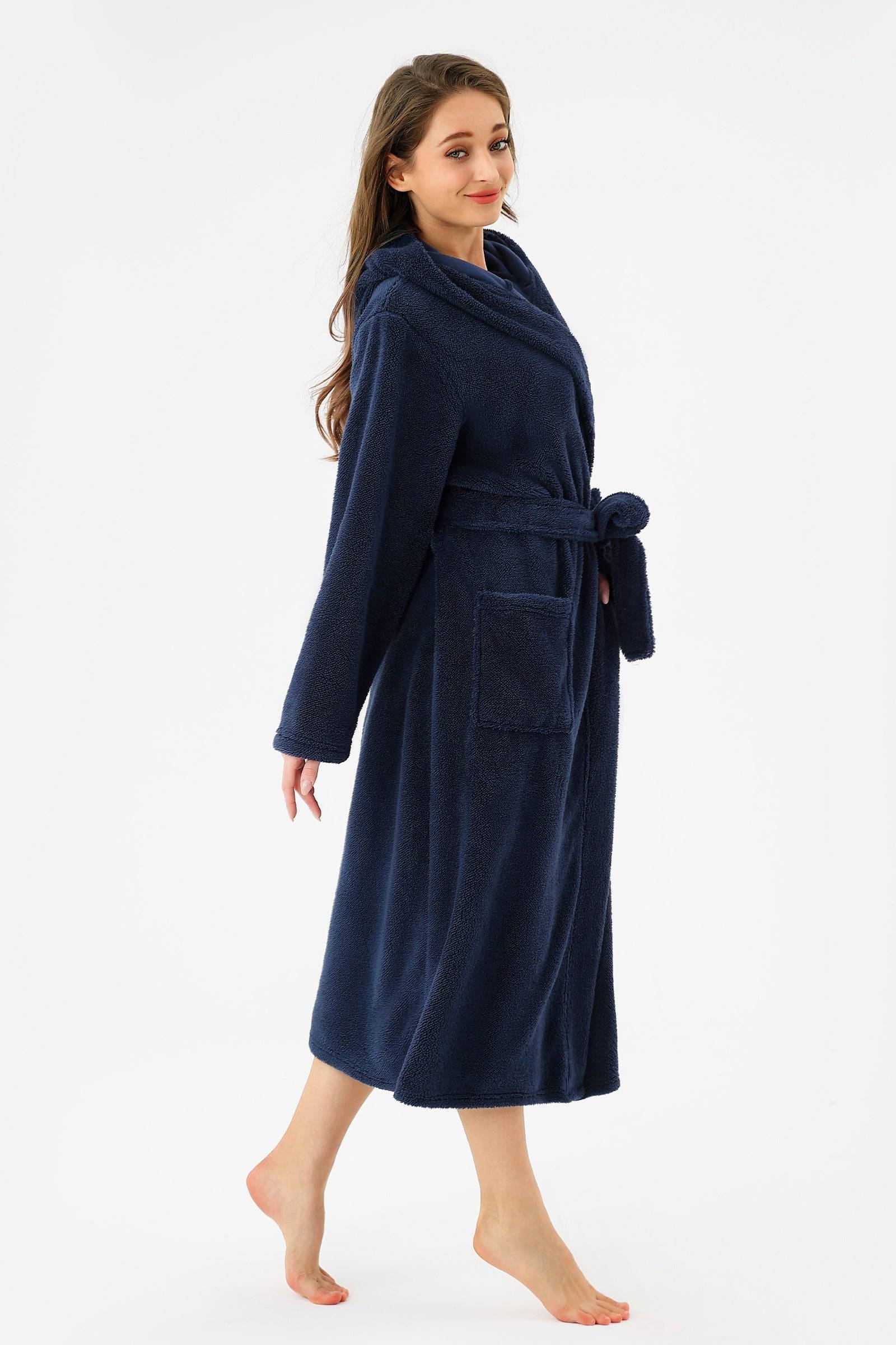 Womens Robe Long Hooded Plush Fleece Bathrobe with Pockets