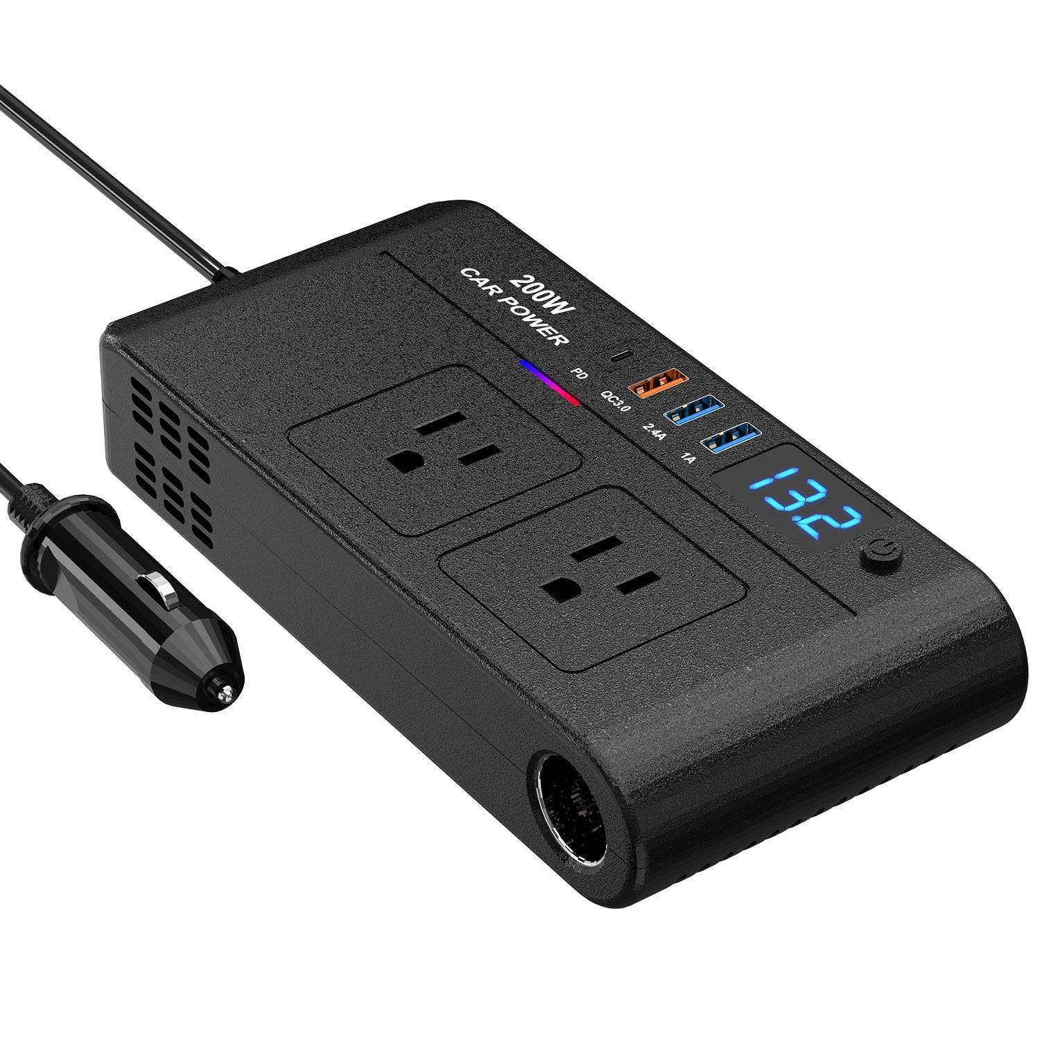 200W Car Inverter with AC Outlets and Fast Charging Ports