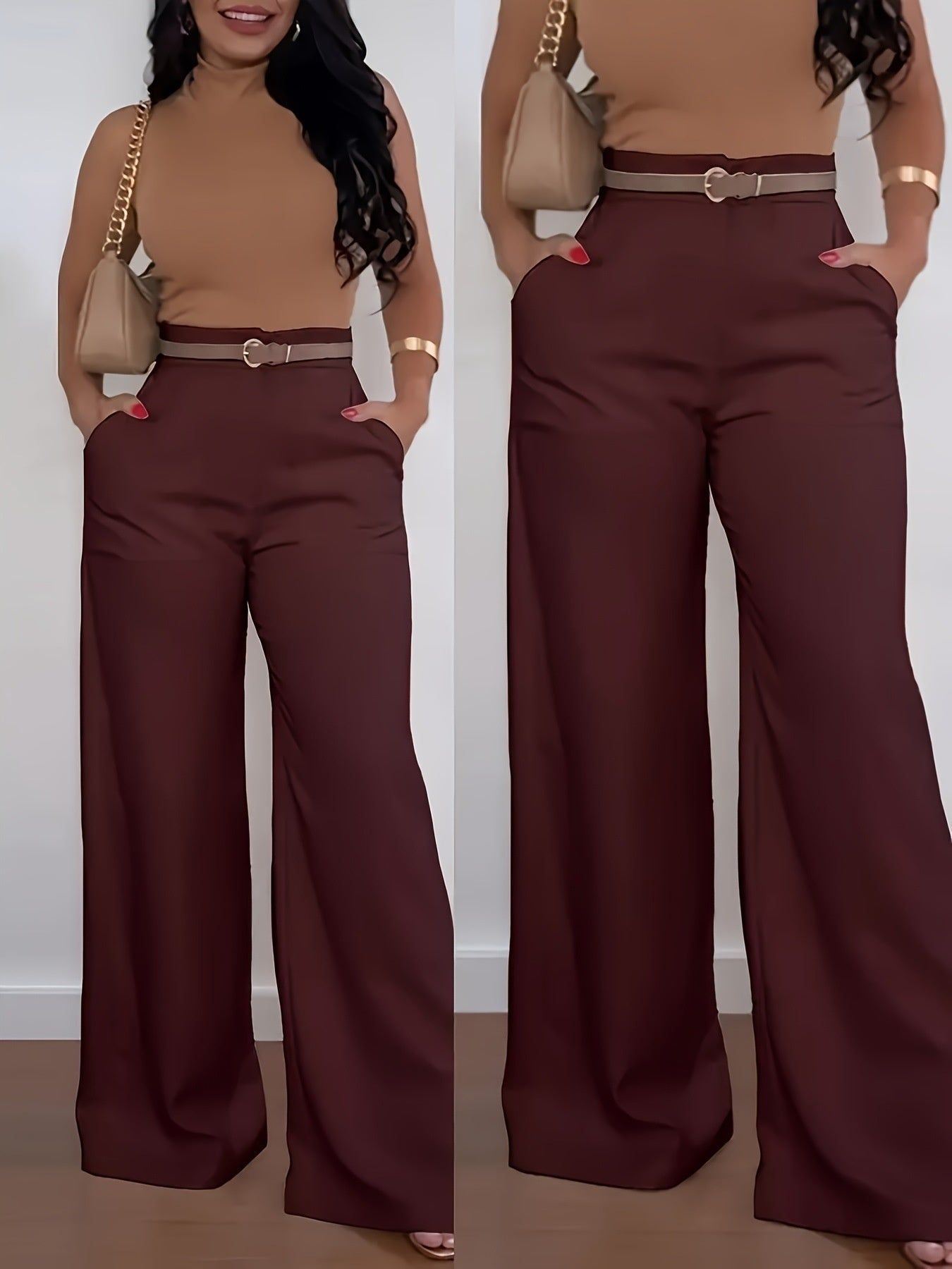 Women’s Solid Color Flared Pants Casual Polyester High Waist Versatile Commuting Style in Apricot or Black