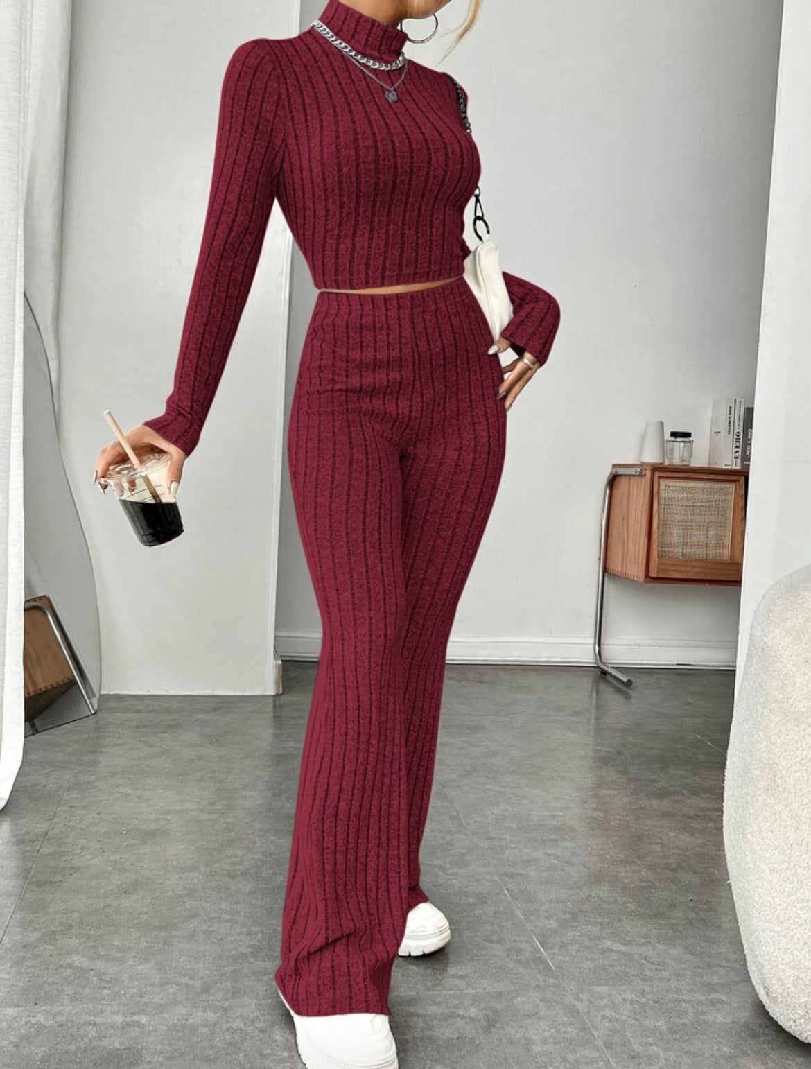 Two Piece Set Turtleneck Top Wide Leg High Waist Pants