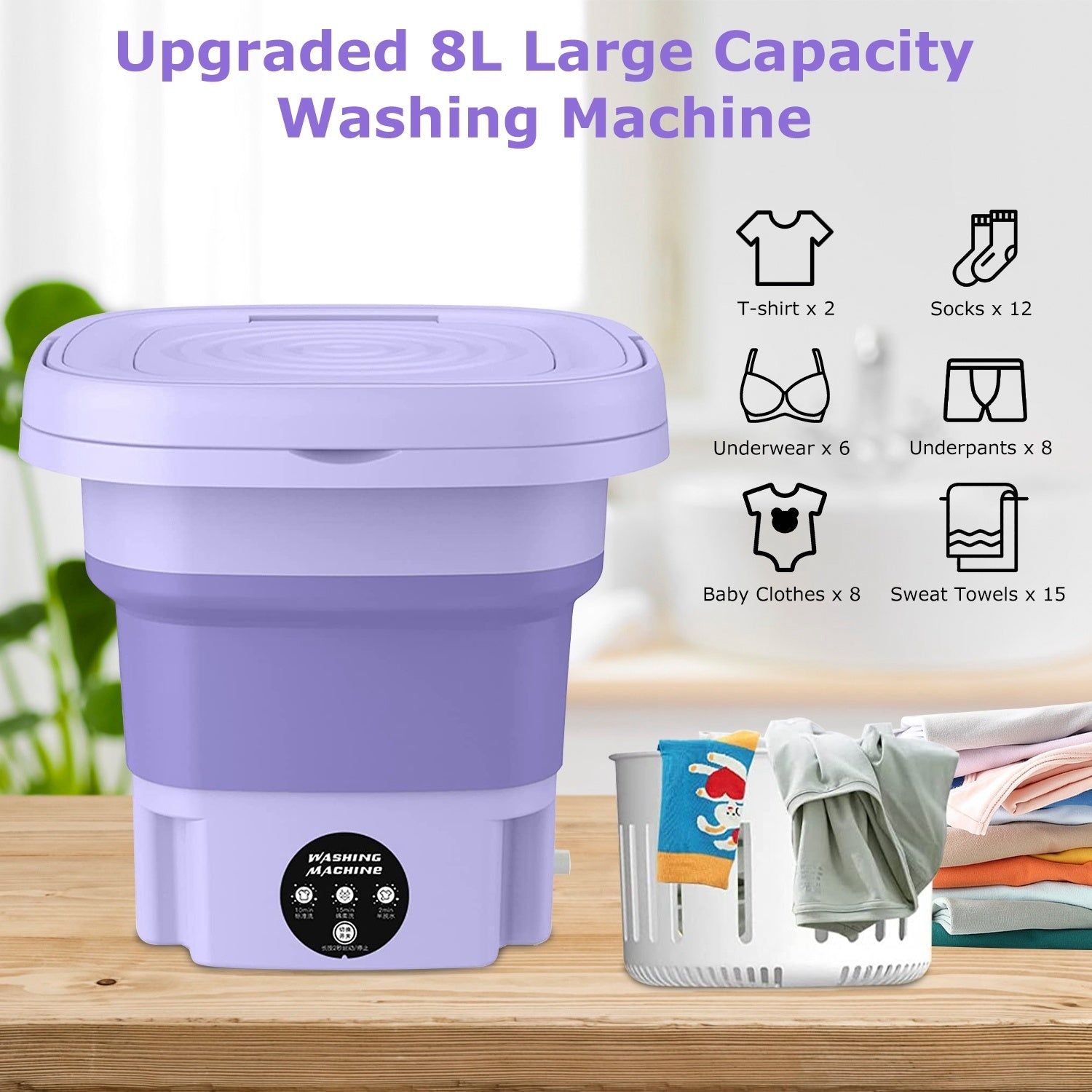 Foldable Portable Washing Machine with 3 Modes 8L Capacity