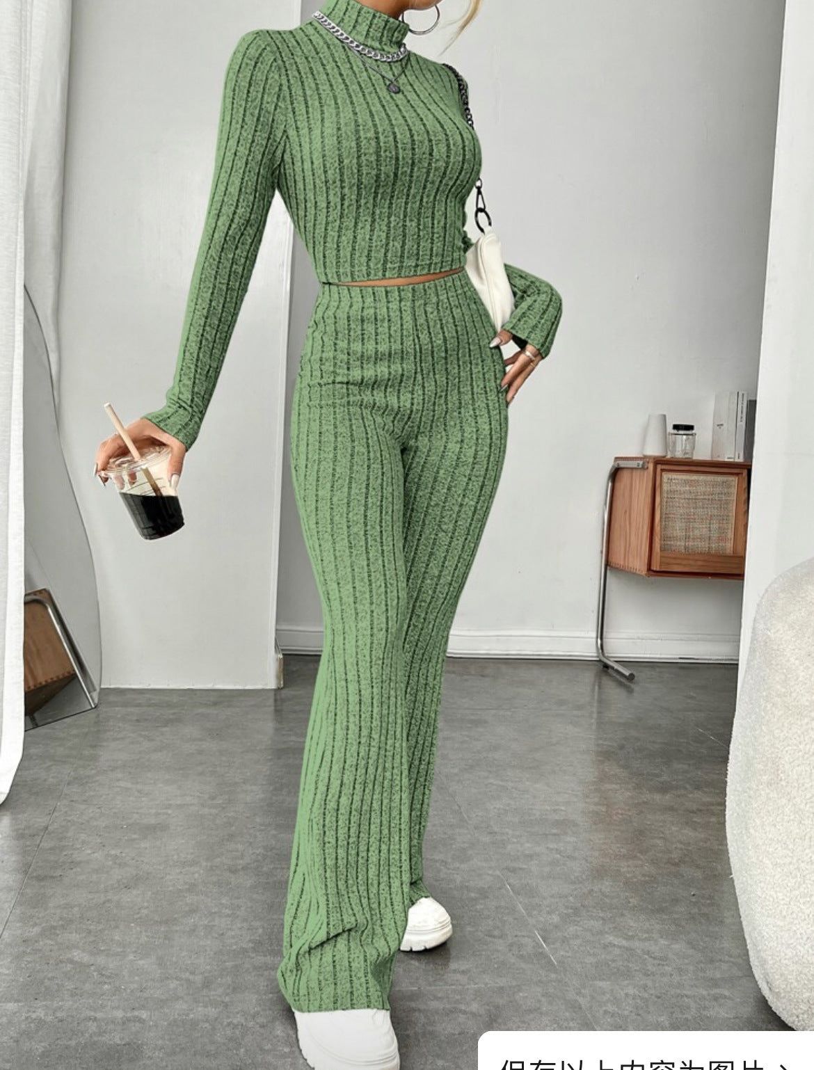 Two Piece Set Turtleneck Top Wide Leg High Waist Pants