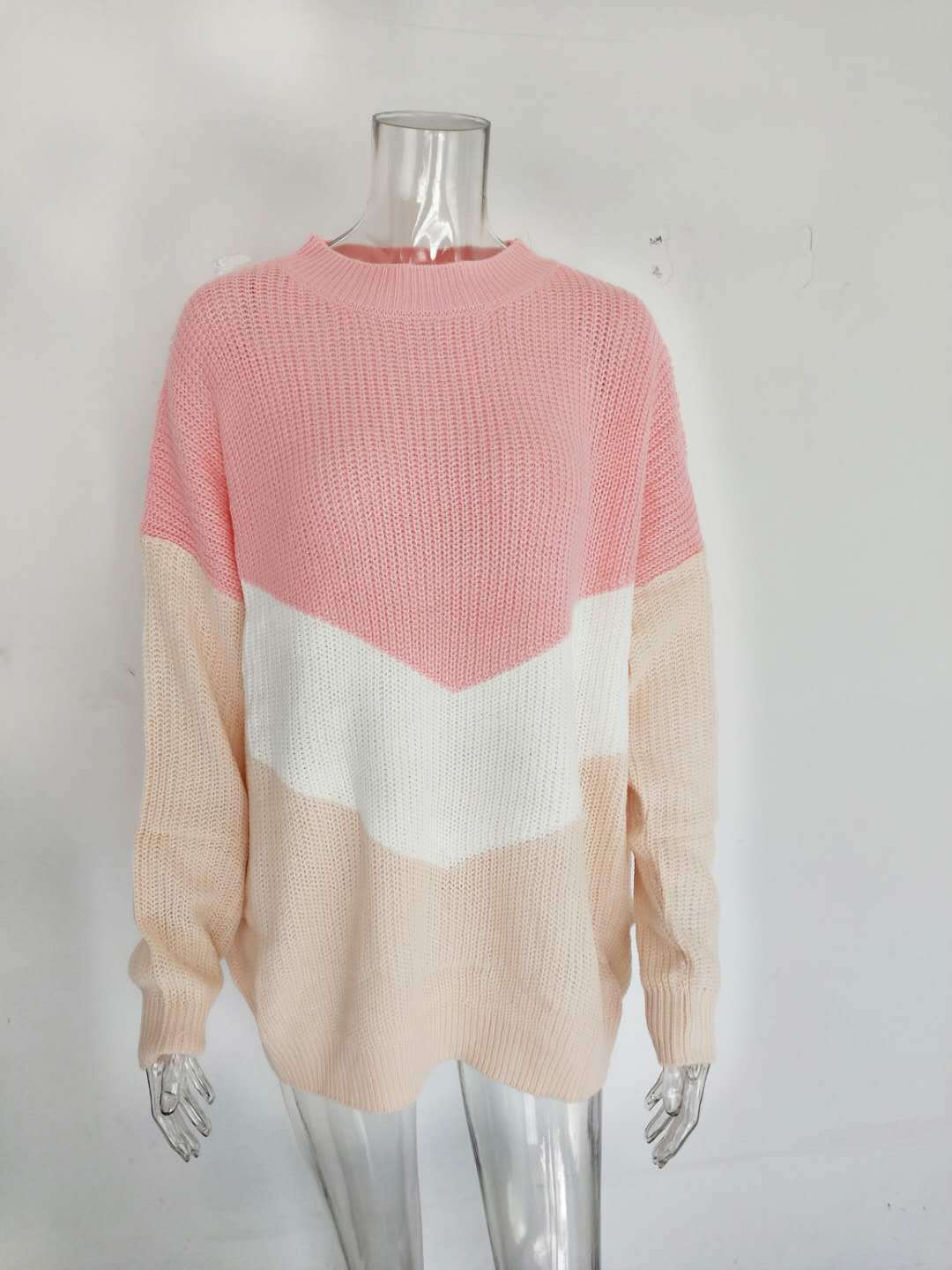 Tricolor Patchwork Knit Sweater Bat Sleeve Pullover