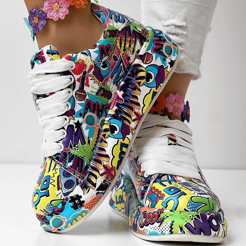 Geometric Print Sneakers With Lace Up Style And Thick Sole