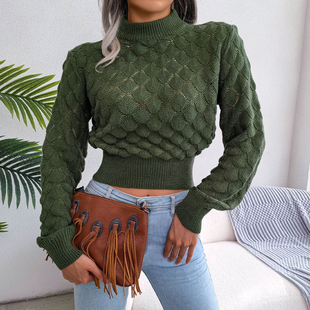 Cropped Knit Sweater with 3D Diamond Texture