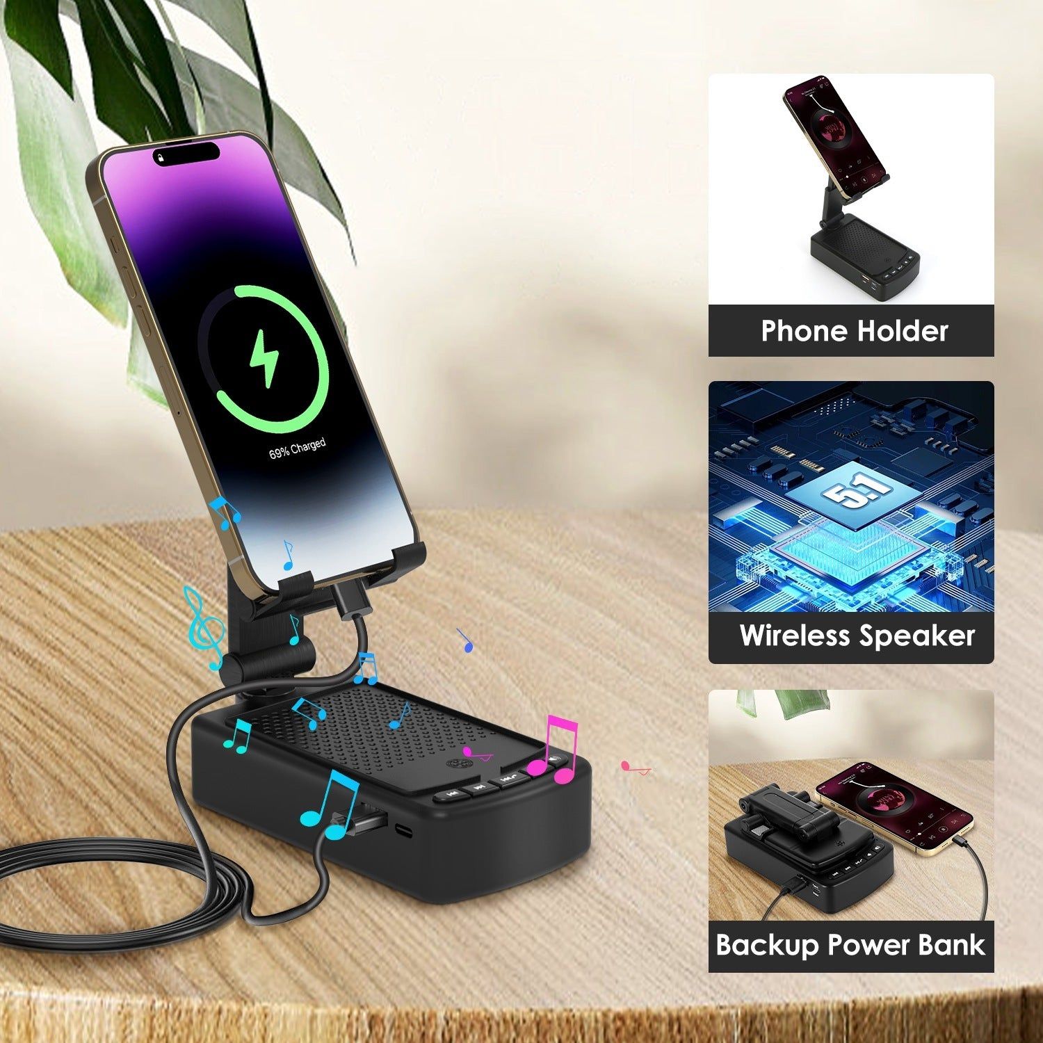 3 in 1 Foldable Phone Stand with Speaker and Power Bank