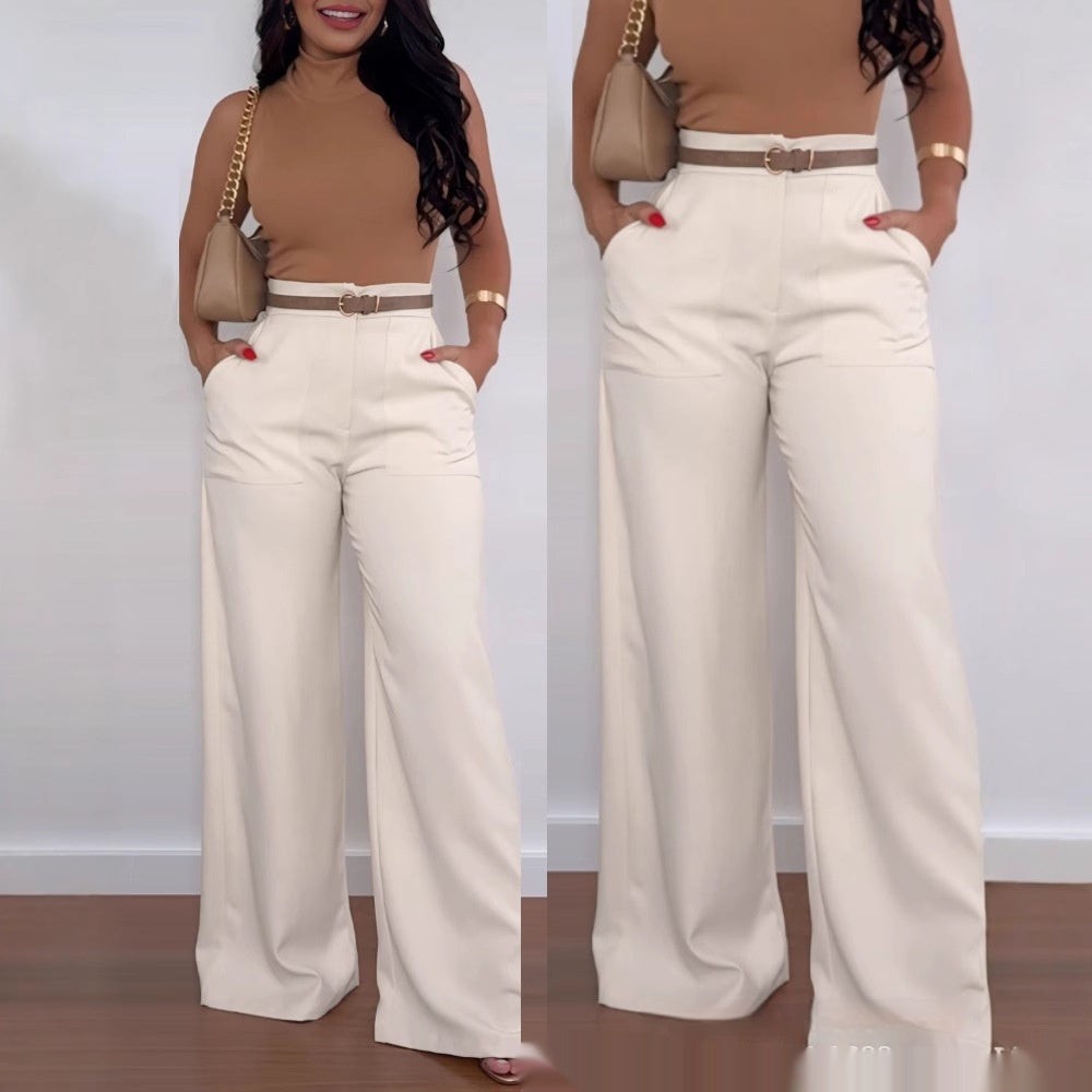 Women’s Solid Color Flared Pants Casual Polyester High Waist Versatile Commuting Style in Apricot or Black