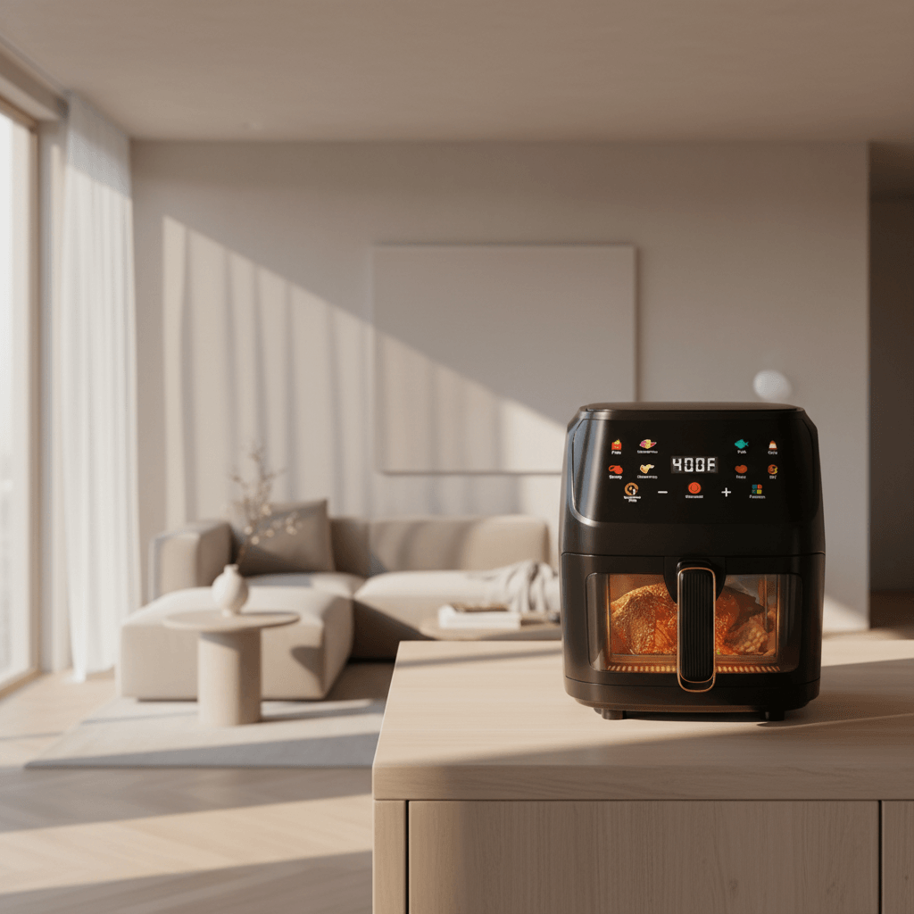 Air Fryer 7.5QT digital visible window low fat touch control placed in stylish living space, emphasizing sleek design and home kitchen appeal.