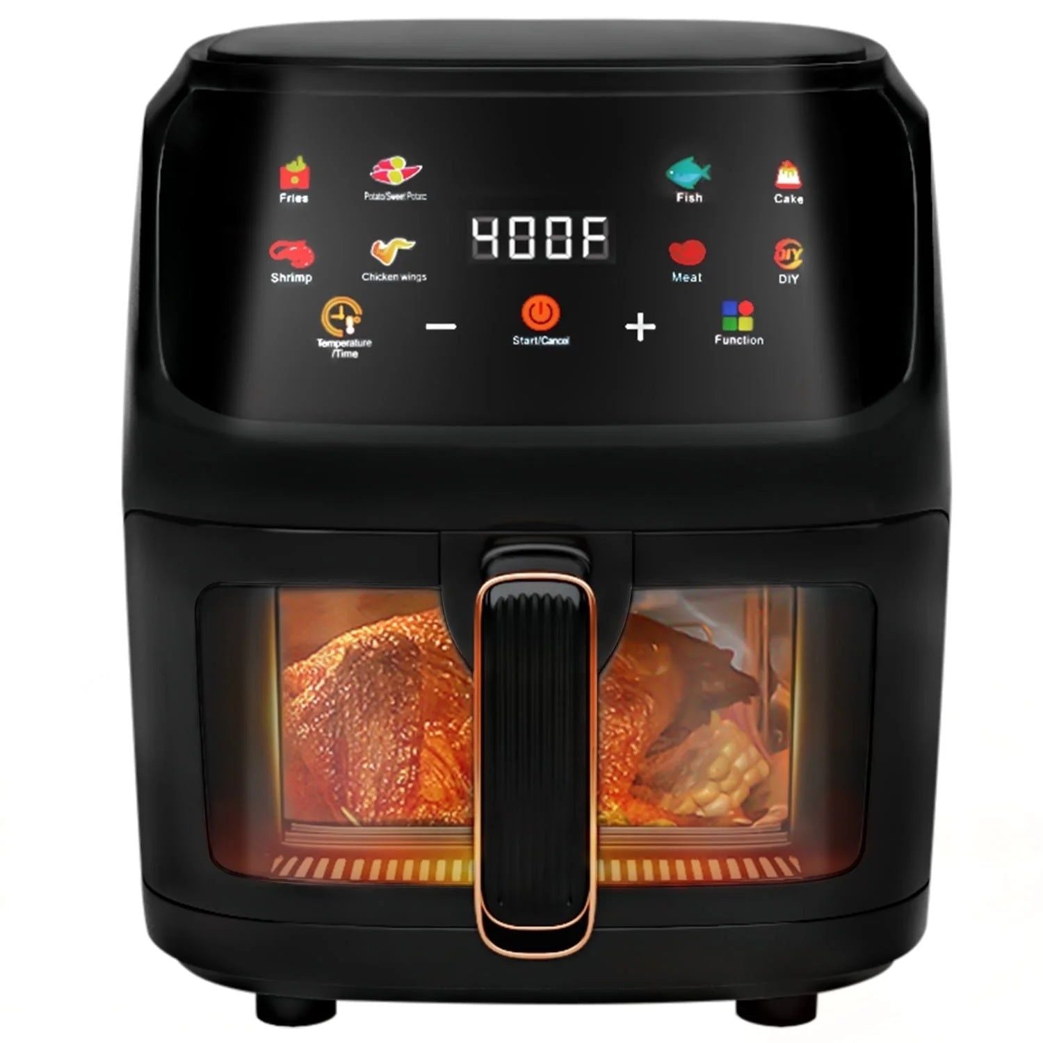 Close-up of Air Fryer 7.5QT digital visible window low fat touch control with illuminated cooking chamber and non-stick basket.