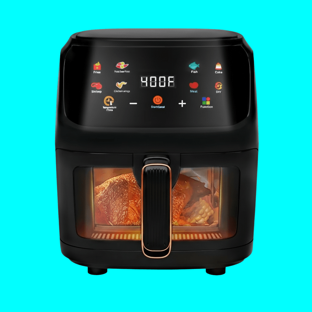 Front view of Air Fryer 7.5QT digital visible window low fat touch control on blue background, highlighting touch controls and cooking window.