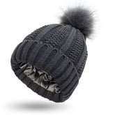 Womens Winter Hat Satin Lined Knit Beanie with Fur Pom